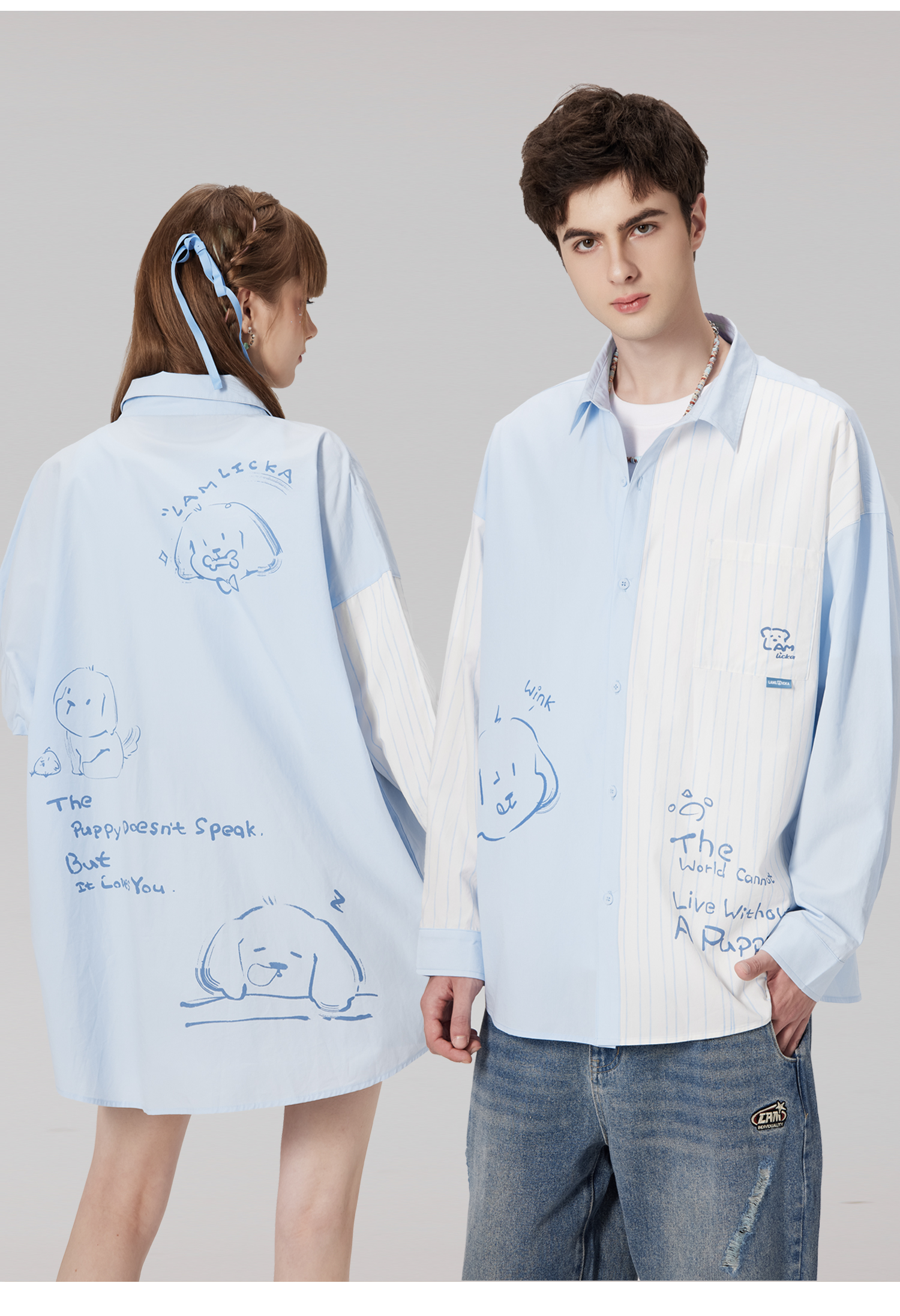柄シャツ 柄シャツ わんこイラスト切替デザインシャツ
