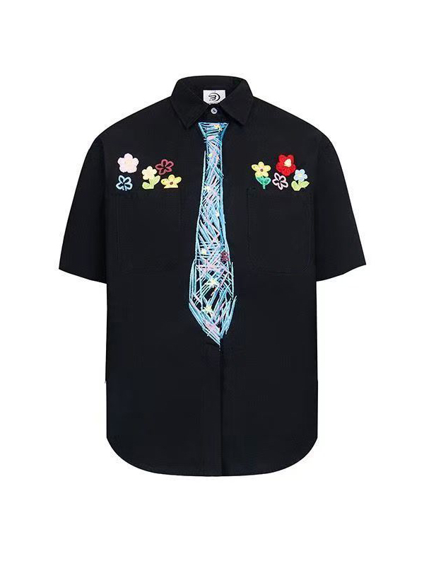 柄シャツ 花刺繍ネクタイデザイン半袖シャツ