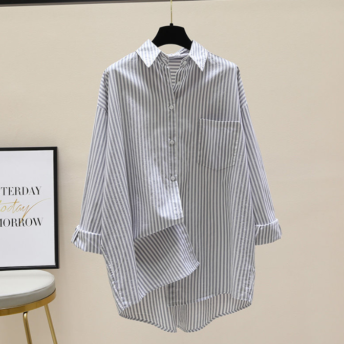 白柄シャツ ストライプ長袖ブラウス 体型カバーロング丈