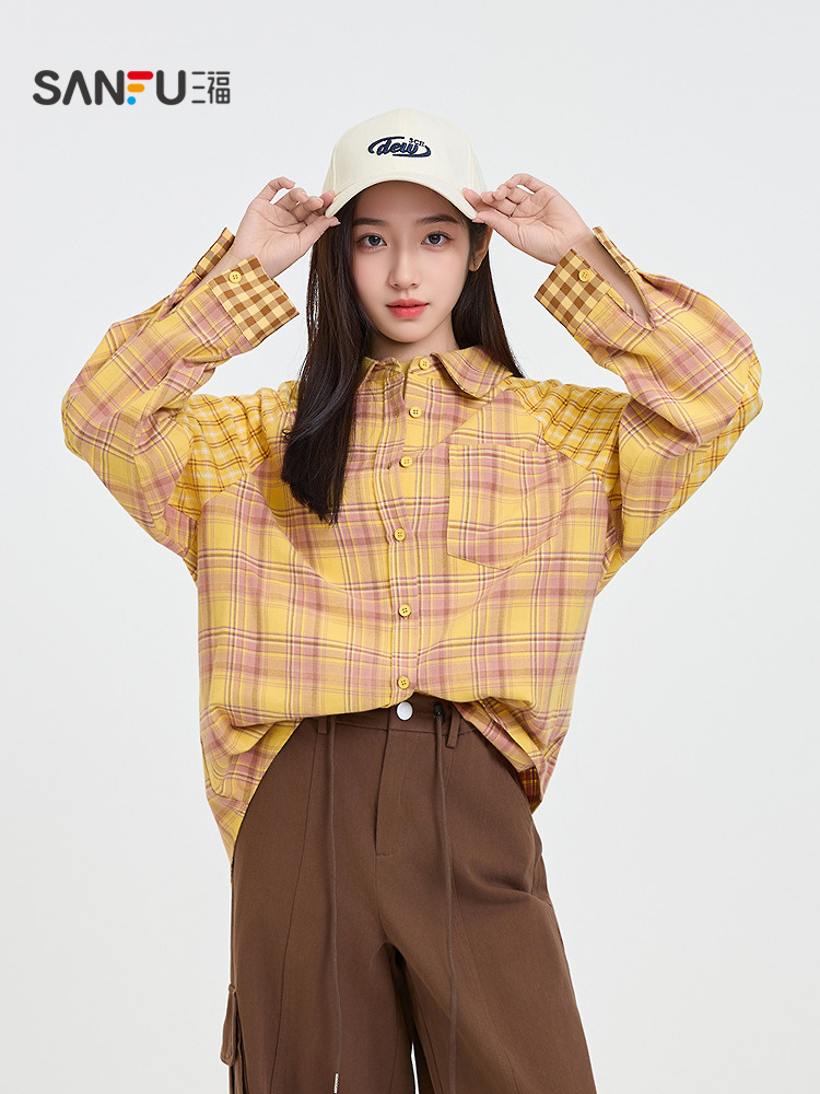 柄シャツ 柄シャツ ほっこり格子模様オーバーシャツ