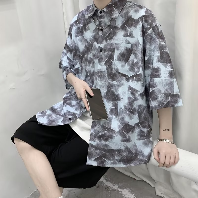 柄シャツ 抽象タイル風幾何学模様開襟五分袖総柄シャツ