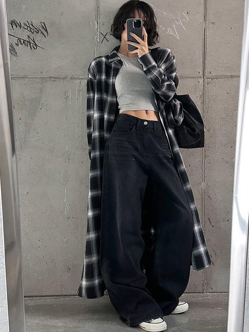 柄シャツ 柄シャツ 流麗モダンロングチェックシャツ