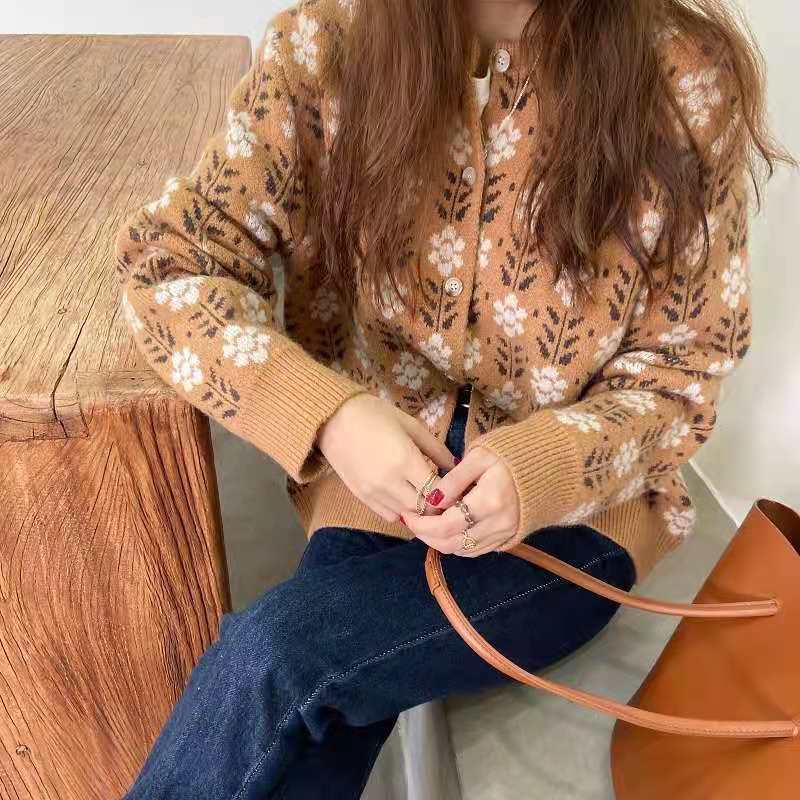 花柄シャツ風ニットカーディガン レトロ調長袖羽織り