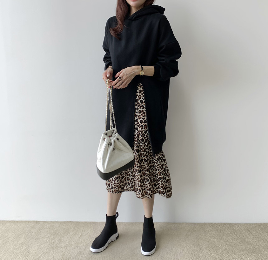 重ね着風ヒョウ柄シャツワンピース裏起毛
