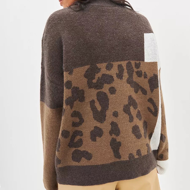 ヒョウ柄シャツ配色ニットセーター ドロップショルダープルオーバー