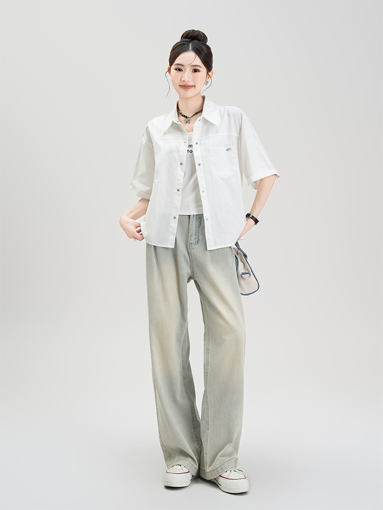 柄シャツ シンプル五分袖ベーシックシャツ