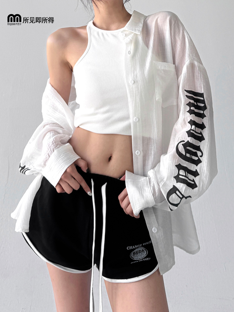 柄シャツ 透け感文字デザイン柄シャツ