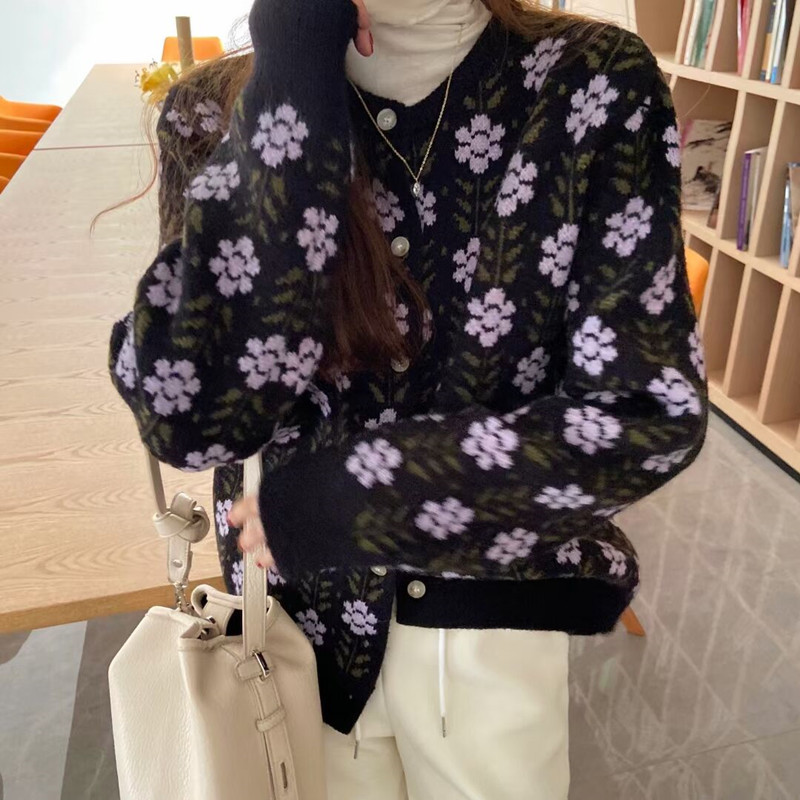 花柄シャツ風ニットカーディガン レトロ調長袖羽織り