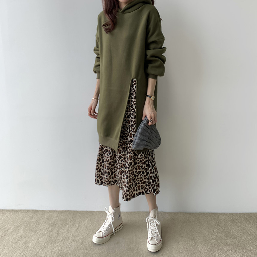 重ね着風ヒョウ柄シャツワンピース裏起毛