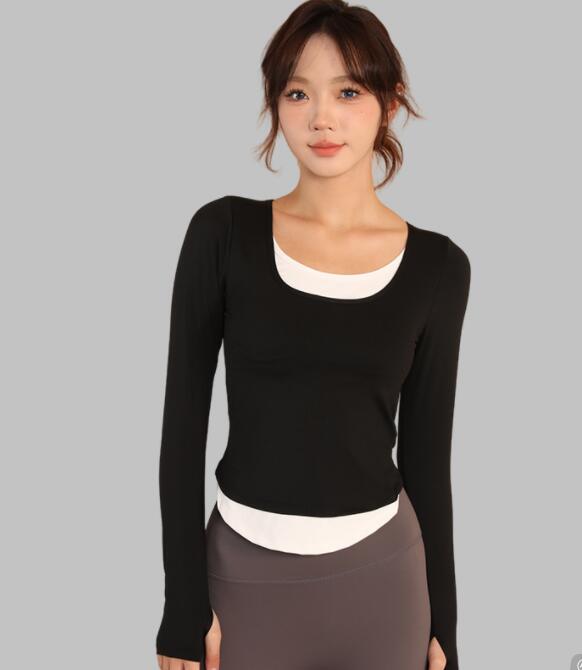 スポーツウェア レディース重ね着風長袖運動着速乾素材