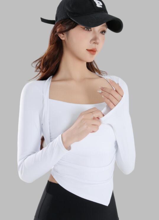 スポーツウェア 女性用長袖運動着速乾機能付きヨガ重ね着風上着