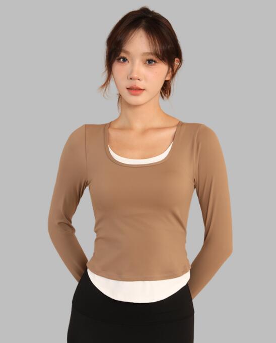 スポーツウェア レディース重ね着風長袖運動着速乾素材