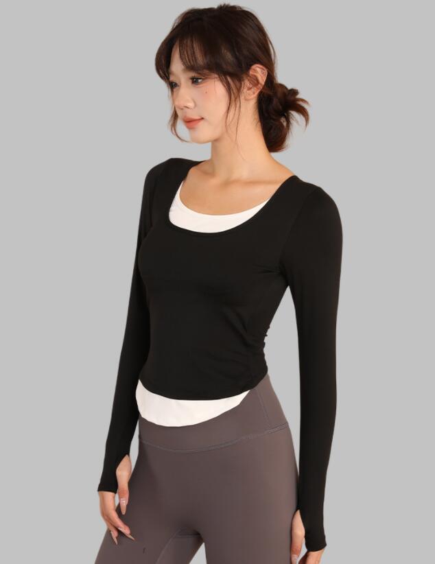 スポーツウェア レディース重ね着風長袖運動着速乾素材