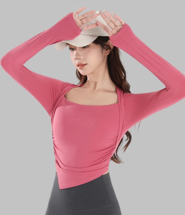 スポーツウェア 女性用長袖運動着速乾機能付きヨガ重ね着風上着