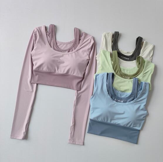 スポーツウェア レディース ヨガウェア 重ね着風 速乾 長袖トップス