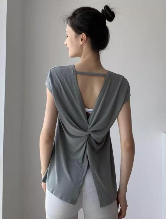 スポーツウェア レディース 速乾半袖トップス ヨガウェア 背中開きデザイン