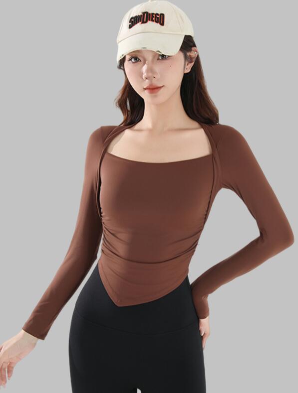 スポーツウェア 女性用長袖運動着速乾機能付きヨガ重ね着風上着