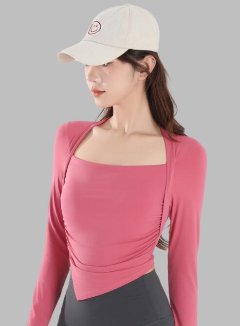 スポーツウェア 女性用長袖運動着速乾機能付きヨガ重ね着風上着