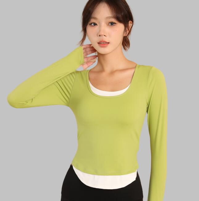 スポーツウェア レディース重ね着風長袖運動着速乾素材