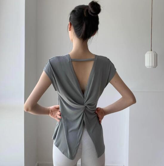 スポーツウェア レディース 速乾半袖トップス ヨガウェア 背中開きデザイン