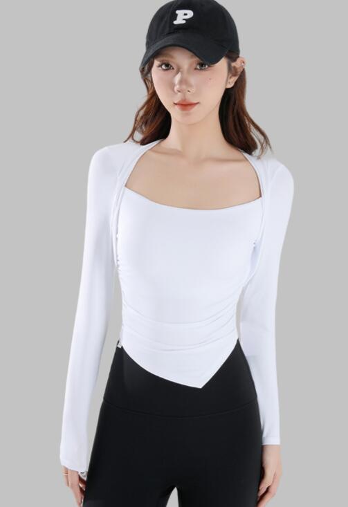 スポーツウェア 女性用長袖運動着速乾機能付きヨガ重ね着風上着