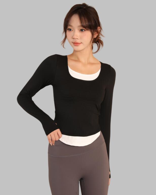 スポーツウェア レディース重ね着風長袖運動着速乾素材