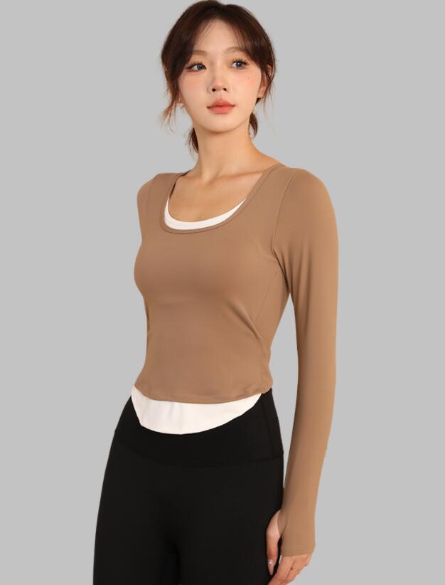 スポーツウェア レディース重ね着風長袖運動着速乾素材