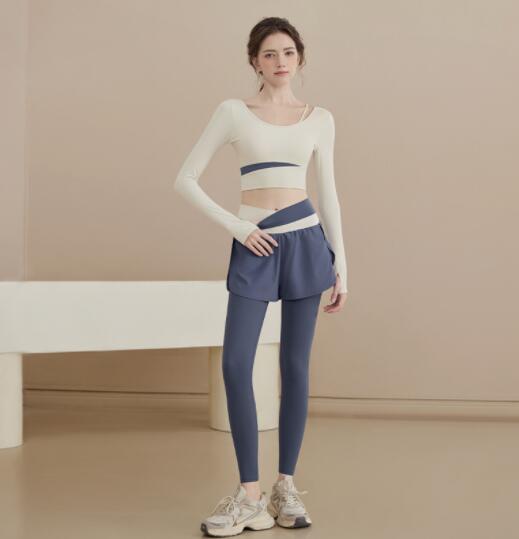 スポーツウェア 速乾ヨガ服セット フィットネス用長袖トップス ショートパンツ