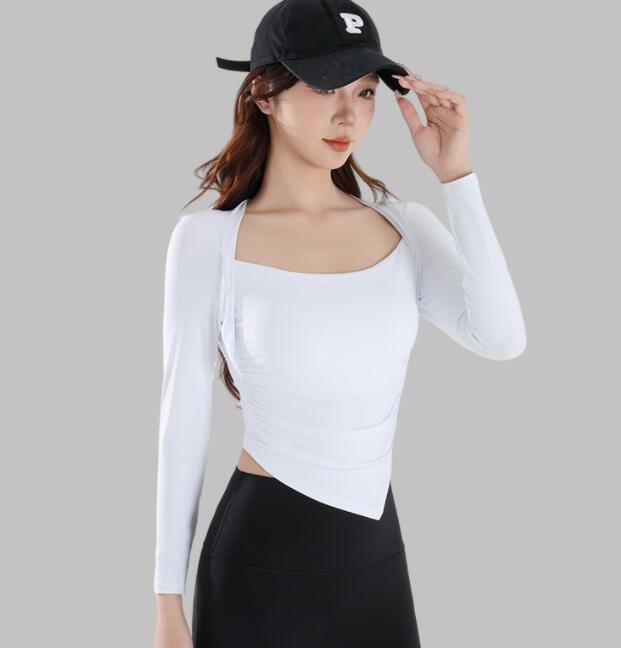 スポーツウェア 女性用長袖運動着速乾機能付きヨガ重ね着風上着