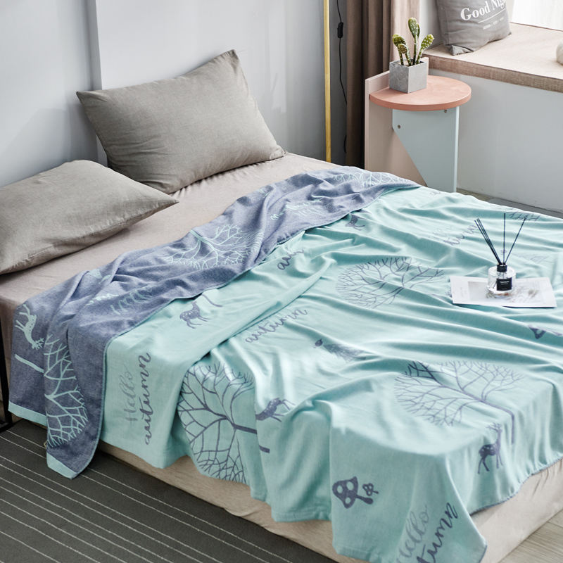 ガーゼケット 樹木と小鳥柄の北欧風シングルガーゼケット