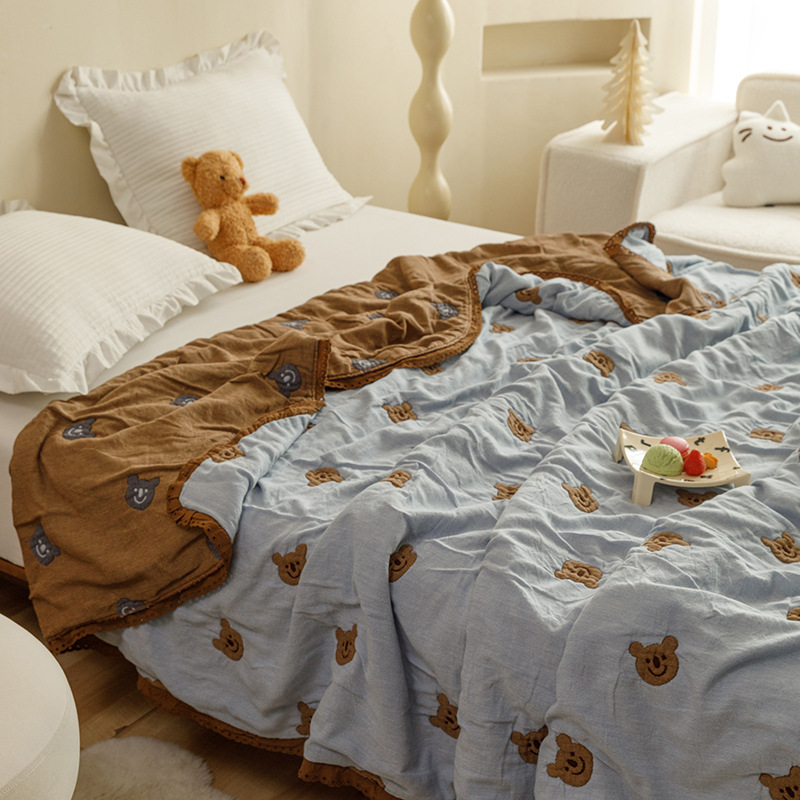 ガーゼケット 小さなきのこ刺繍リバーシブルシングルガーゼケット