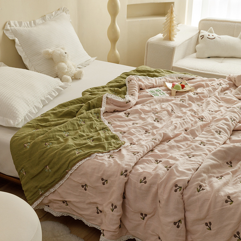 ガーゼケット 小さなきのこ刺繍リバーシブルシングルガーゼケット