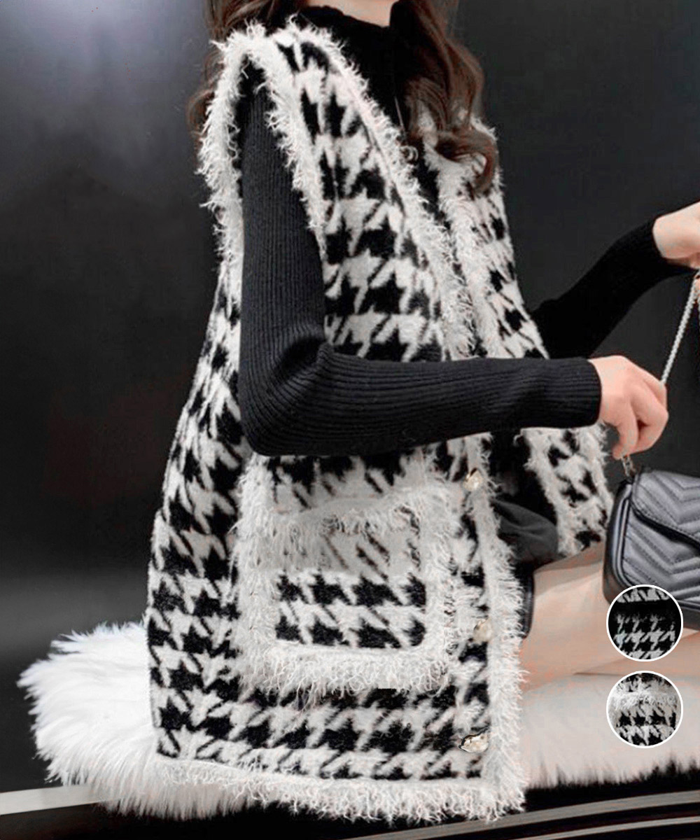 千鳥格子フリンジジレ袖なしベスト秋冬