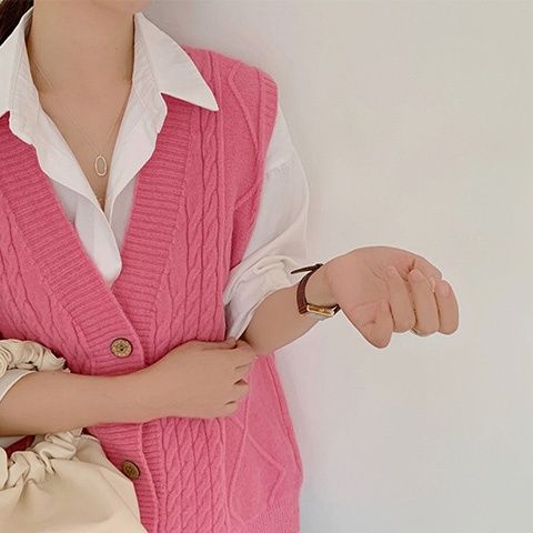 ケーブル編みテーラードニットジレ レディース前開きベスト