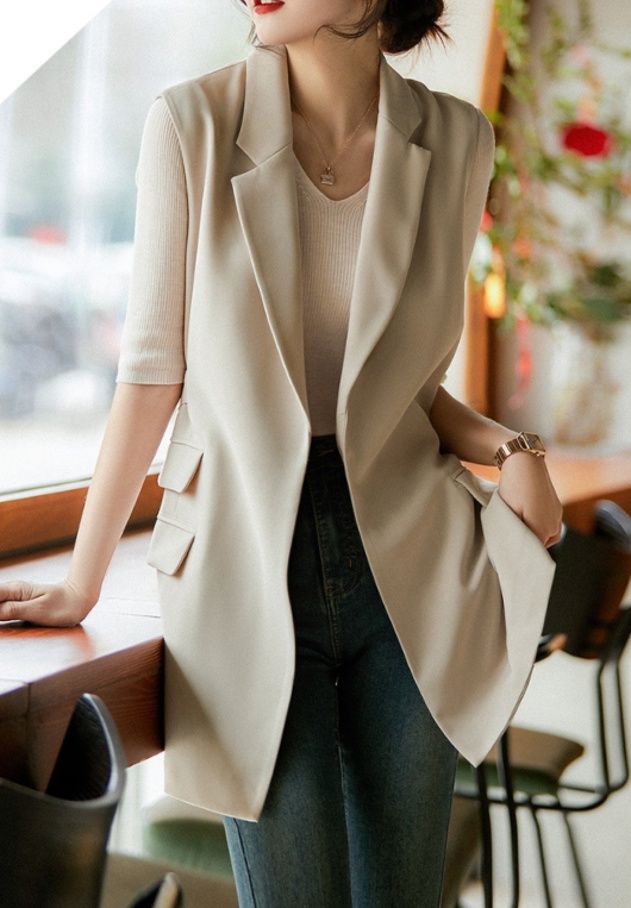  襟付きロング丈ノースリーブジレベスト