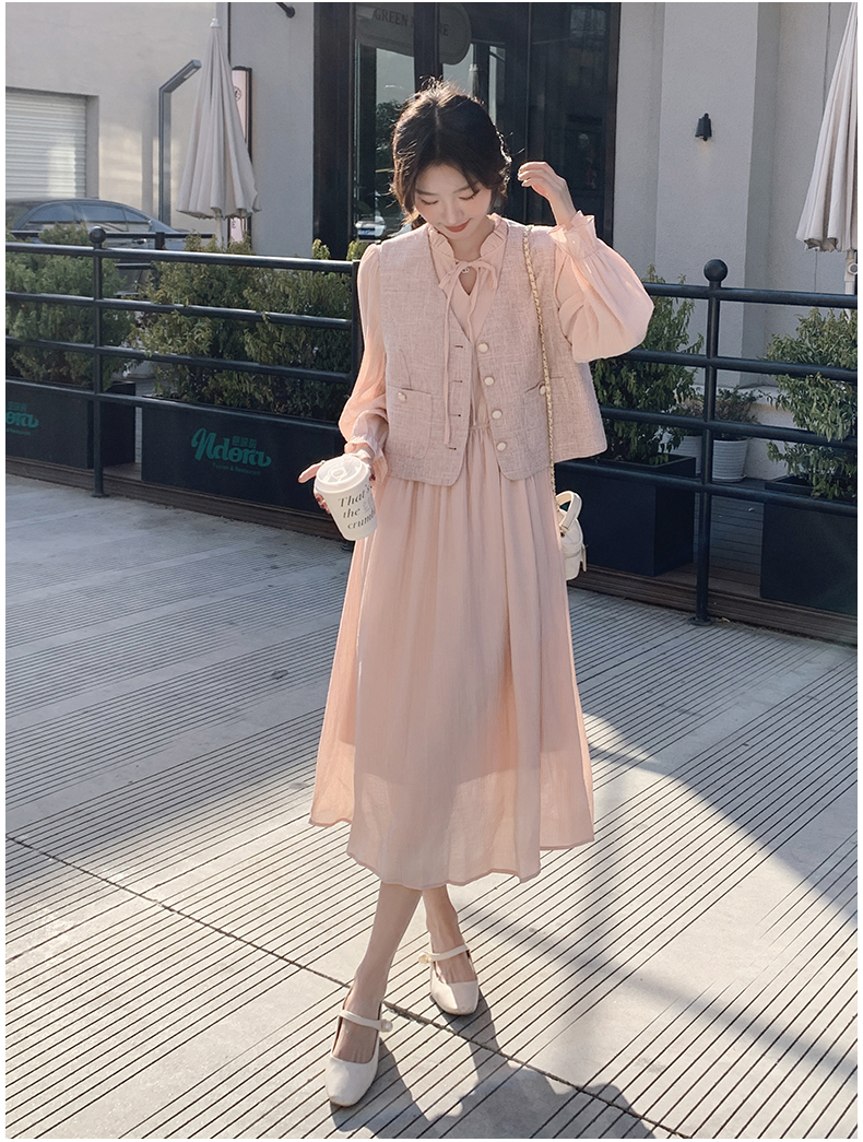 ジレ リボン付き優美リネンワンピース