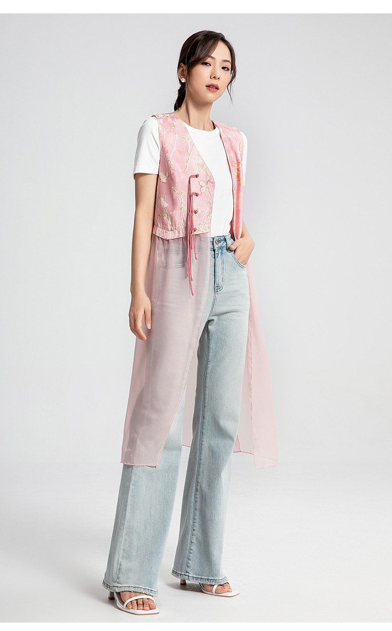 ジレ 花柄シアー素材ロングジレ