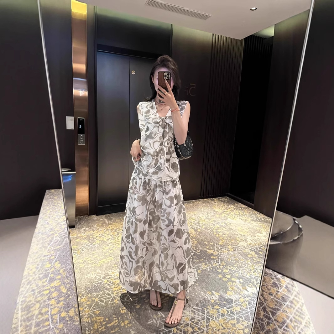 ジレ 優美花柄リボン付きセットアップ