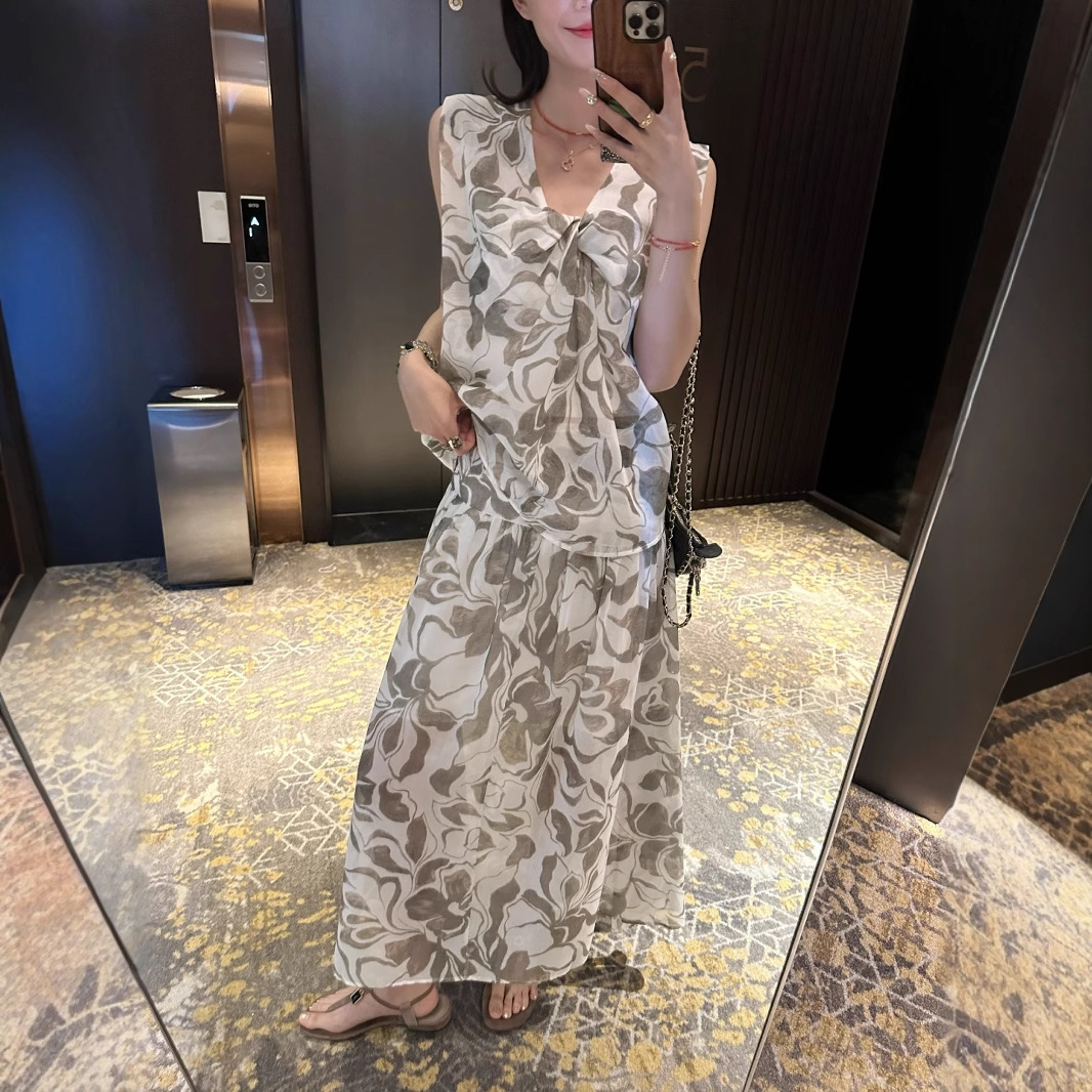 ジレ 優美花柄リボン付きセットアップ