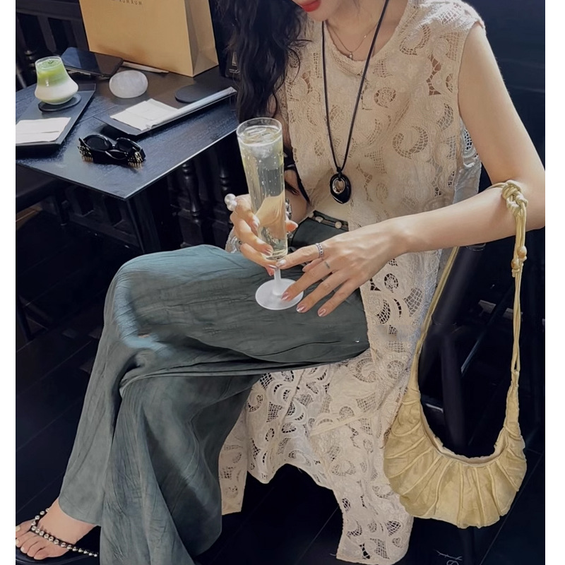 ジレ 透かし編みレースロングジレ