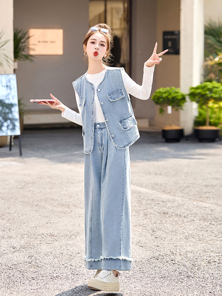ジレ 裾フリンジデニムジレセットアップ