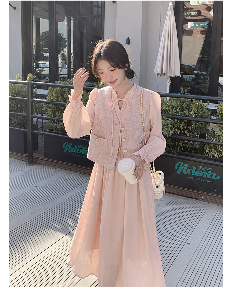ジレ リボン付き優美リネンワンピース
