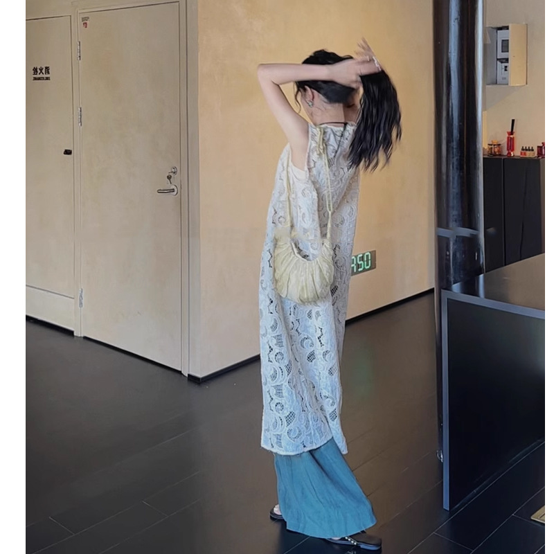 ジレ 透かし編みレースロングジレ