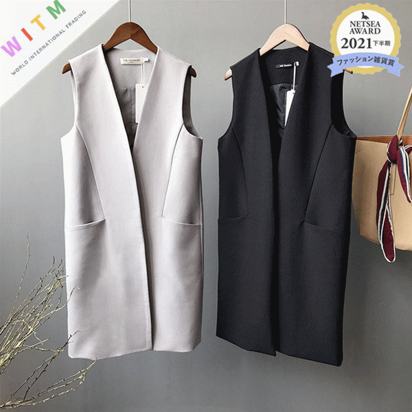 上品ロング丈ジレベスト 袖なし羽織り レディース
