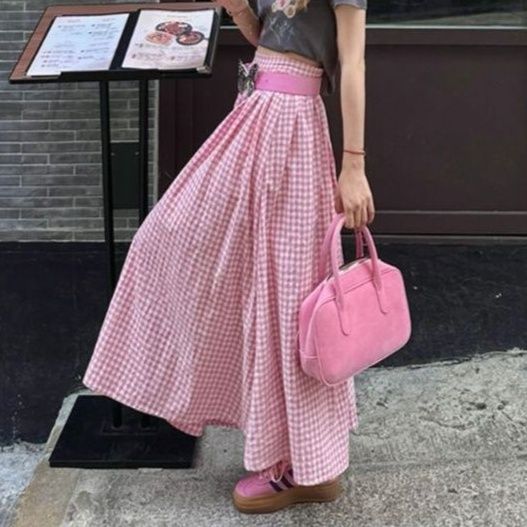 ギンガム チェック 蝶結びロングフレアスカート