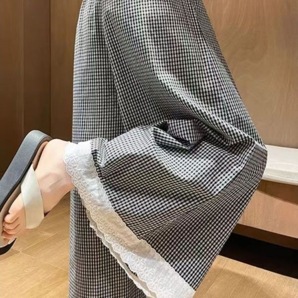 ギンガム チェック レース縁取りワイドギンガムパンツ