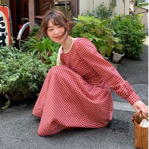 ギンガム チェック 優美な格子柄 ふんわり長袖ワンピース