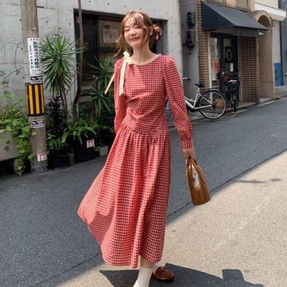 ギンガム チェック 優美な格子柄 ふんわり長袖ワンピース