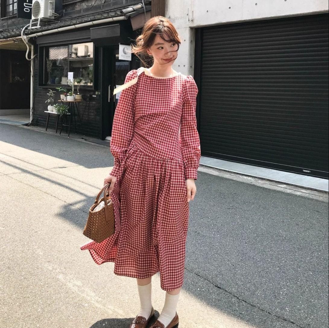 ギンガム チェック 優美な格子柄 ふんわり長袖ワンピース