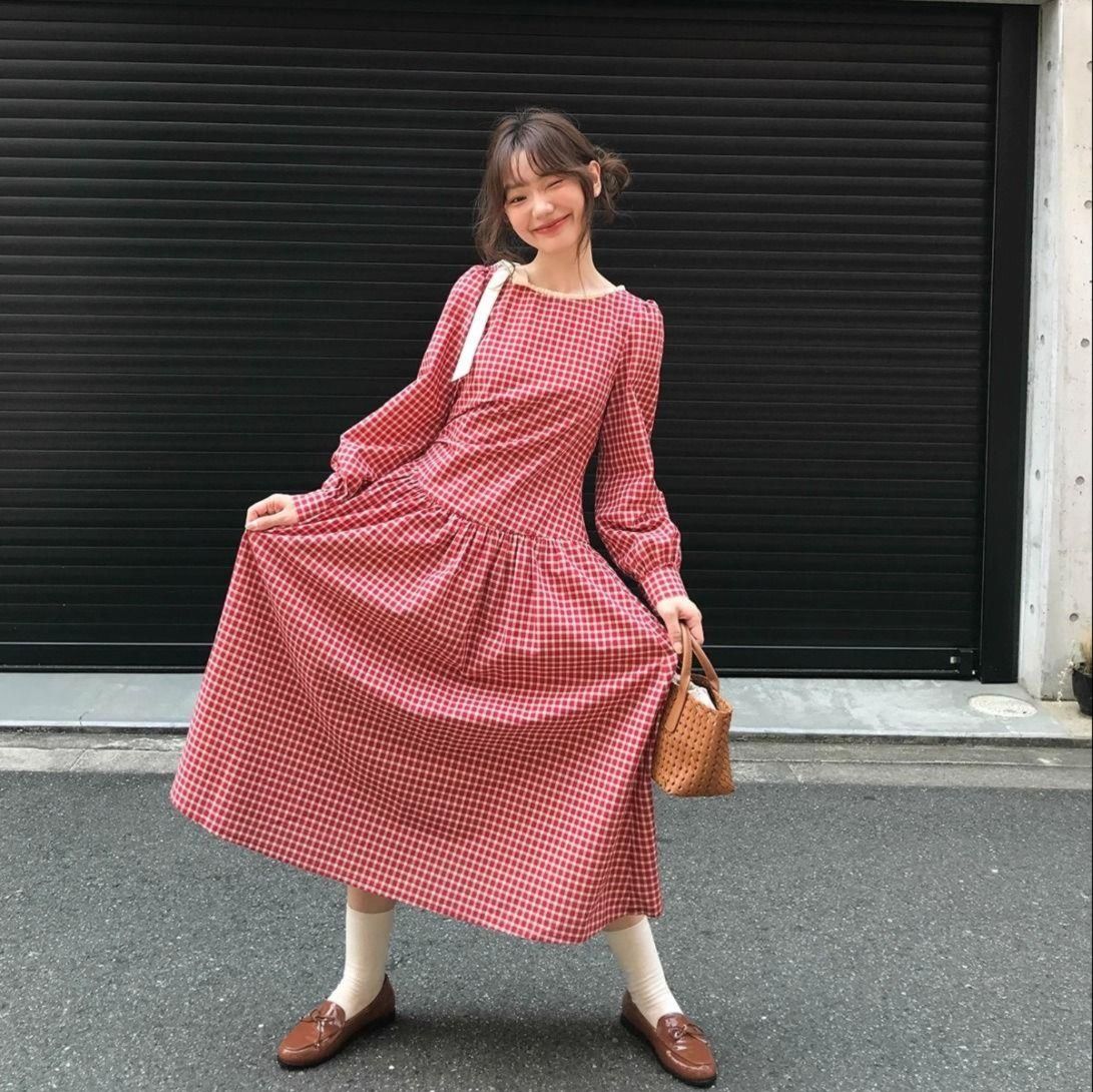 ギンガム チェック 優美な格子柄 ふんわり長袖ワンピース